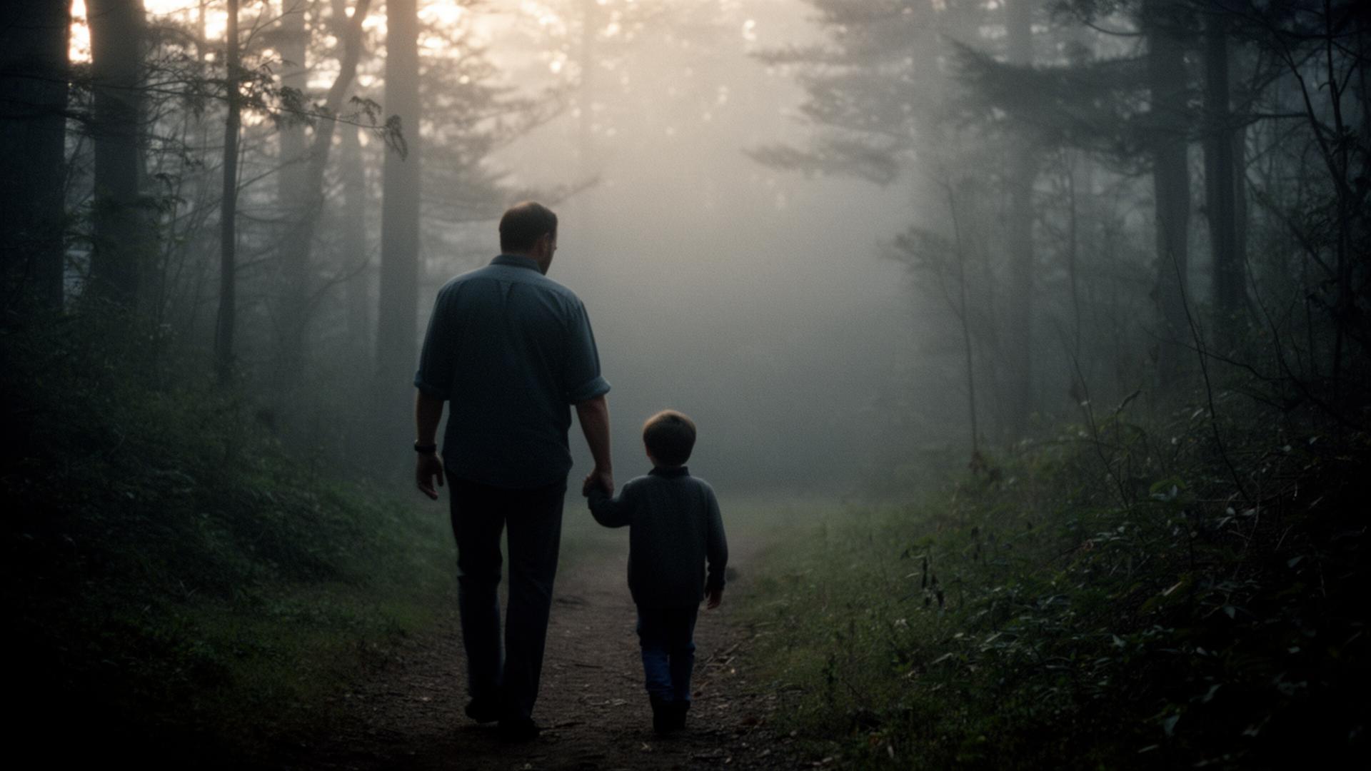 Father and son on a misty forest path